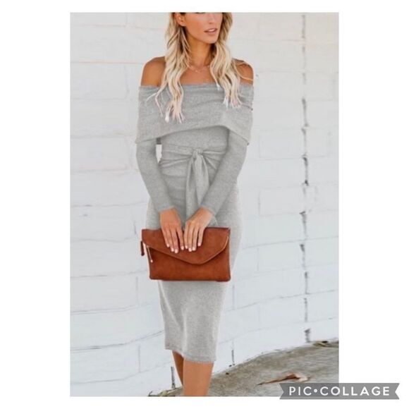 Grey Off Shoulder Belted Midi Dress M - Picture 1 of 7